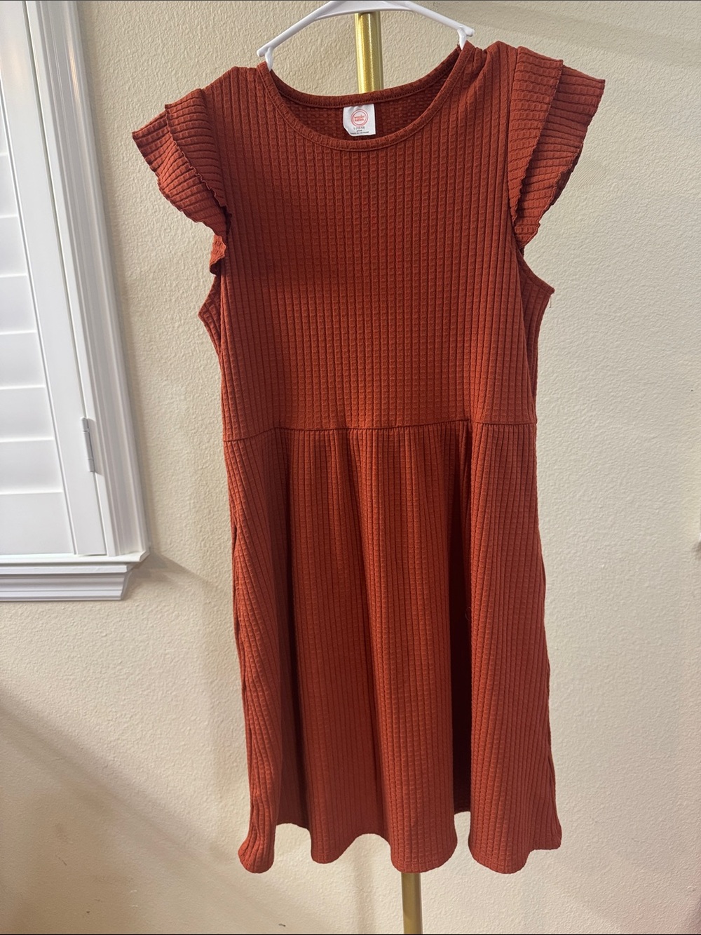 Rust Ribbed Flutter Sleeve Dress